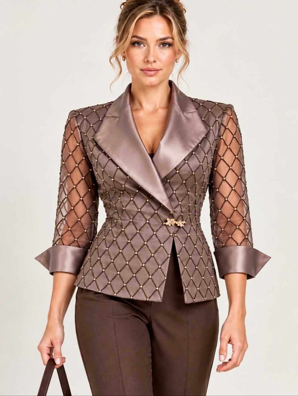 Bronze Diamond Print Beaded Jacket | Satin Collar & Cuffs | Rhinestone Closure
